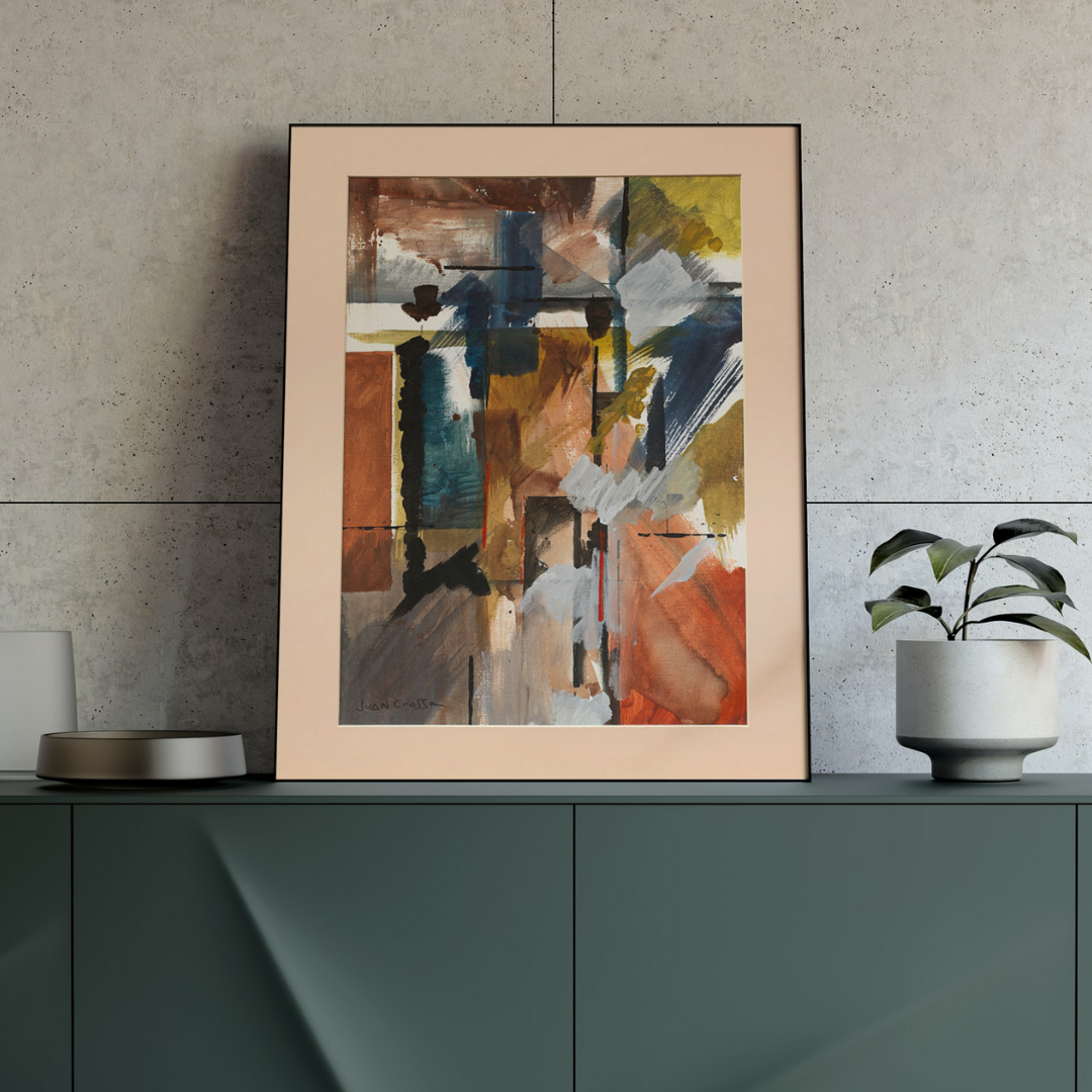 Una cuadro pintado en estilo modernista con diversas paletas de colores sobre un mueble y una pared gris. Esto y más en nuestra tienda online de arte.