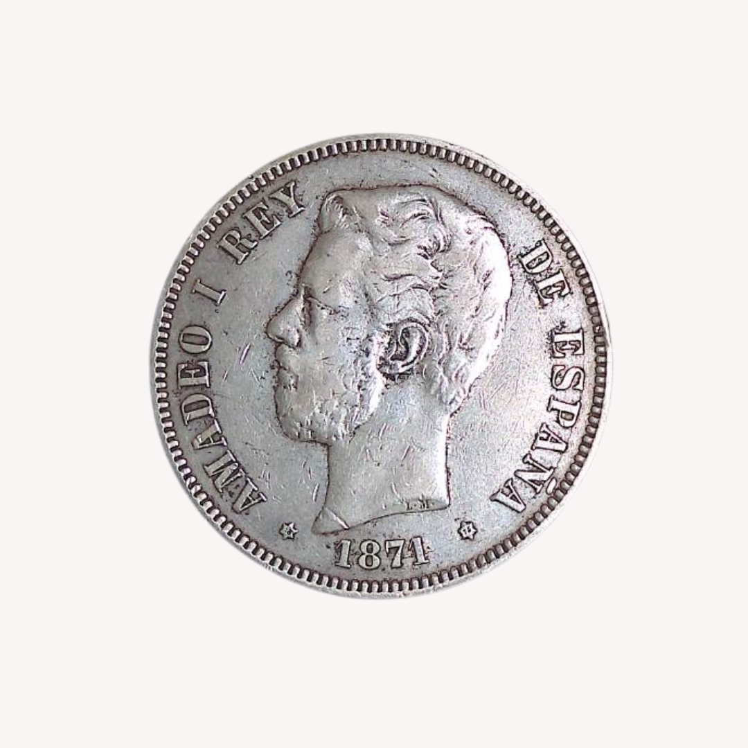 España 5 pesetas plata 1871 DE.M.*18* *75* Amadeo I de Saboya-GoldenArt
