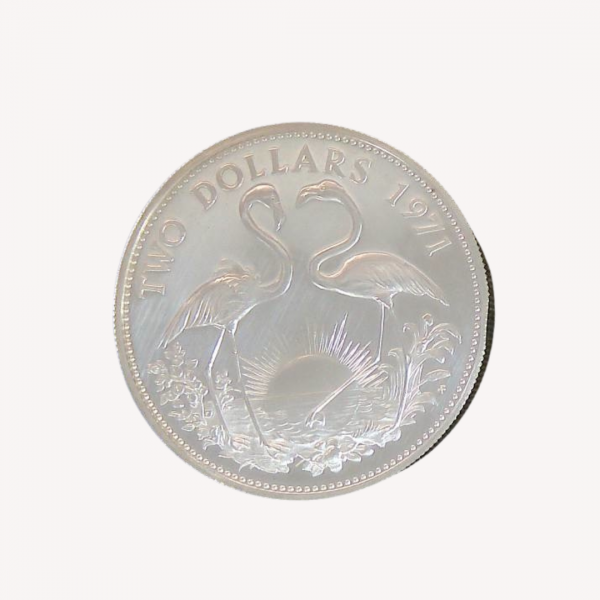 Moneda de plata 2 dólares Bahamas 1971 flamencos- Goldenart