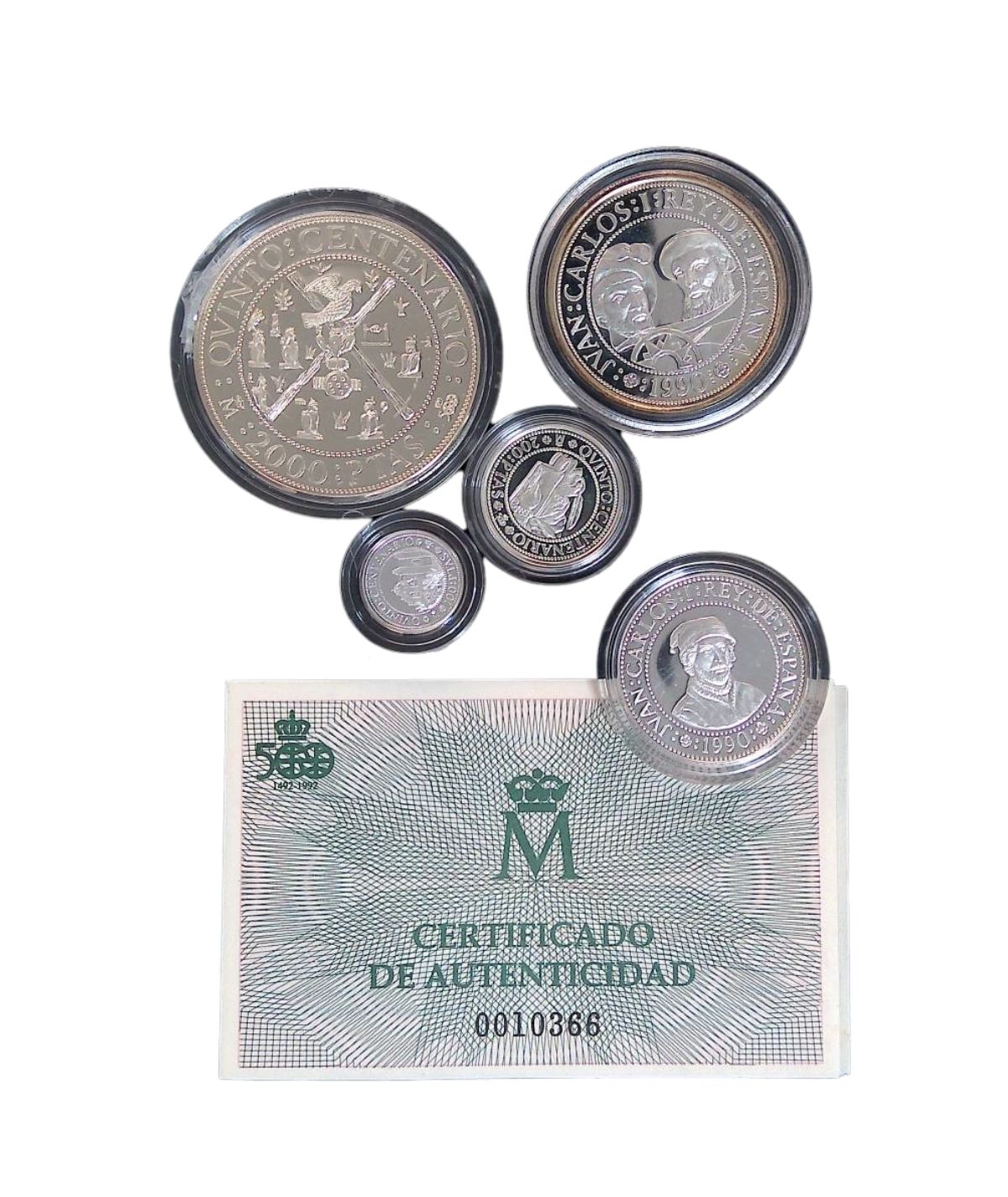 Moneda 5º Centenario 5 valores Plata FDC brillo (1492-1992) 2.000, 1.000, 500,200 y 100 Ptas. Serie II año 1990 - Cert.-GoldenArt