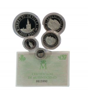 Moneda 5º Centenario 5 valores Plata FDC brillo (1492-1992) 2.000, 1.000, 500,200 y 100 Ptas. Serie IV año 1992 Certificado-GoldenArt