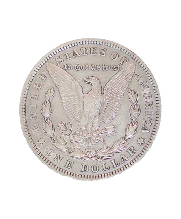 Perspectiva frontal de la cara de la moneda de plata Dólar Morgan de 1921, que muuestra al águila batiendo las alas