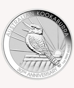 Visión frontal de la cruz de la moneda de plata 30 aniversario Kookaburra