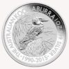 Perspectiva frontal de la cruz de la moneda de plata 15 aniversario de la Kookaburra de 1 onza
