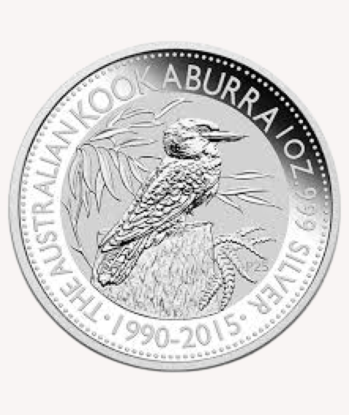 Perspectiva frontal de la cruz de la moneda de plata 15 aniversario de la Kookaburra de 1 onza