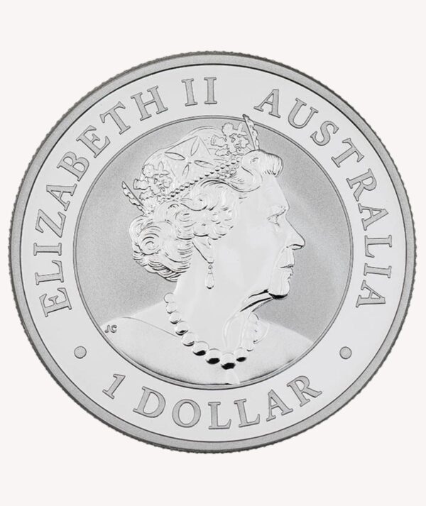 Perspectiva frontal de la cara de la moneda de plata Kookaburra de 2019 de 1 onza