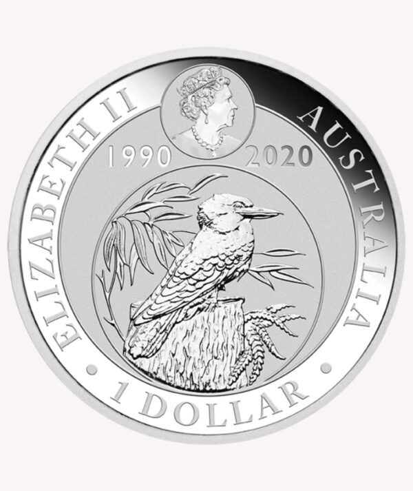 Visión lateral de la cara de la moneda de plata 30 aniversario Kookaburra