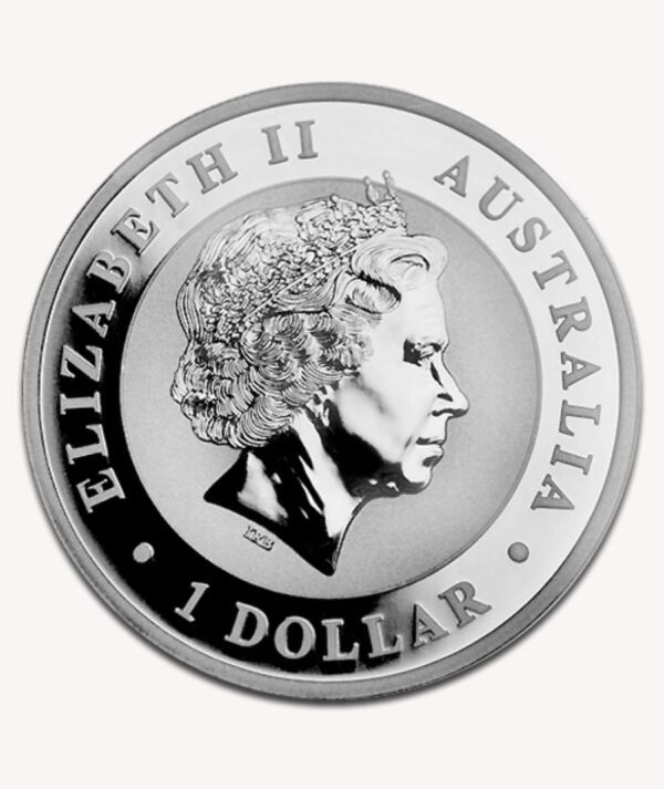 Perspectiva frontal de la cara de la moneda de plata 15 aniversario de la Kookaburra de 1 onza