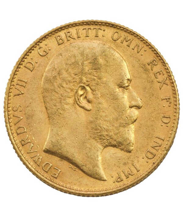 Perspetiva frontal de la cara de la moneda de oro Soberano de Eduardo VII de 1905, acuñada por The Royal Mint