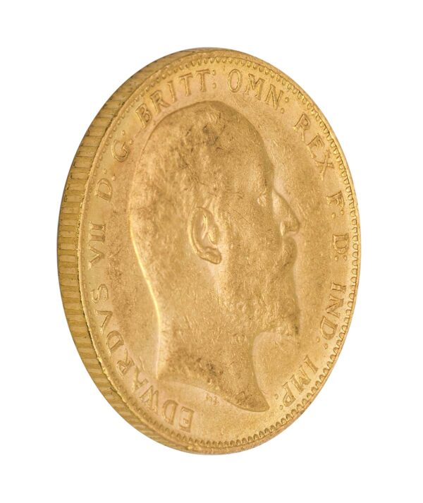 Perspetiva lateral de la cara de la moneda de oro Soberano de Eduardo VII de 1906, acuñada por The Royal Mint
