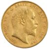 Perspetiva frontal de la cara de la moneda de oro Soberano de Eduardo VII de 1907, acuñada por The Royal Mint