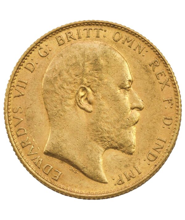 Perspetiva frontal de la cara de la moneda de oro Soberano de Eduardo VII de 1907, acuñada por The Royal Mint