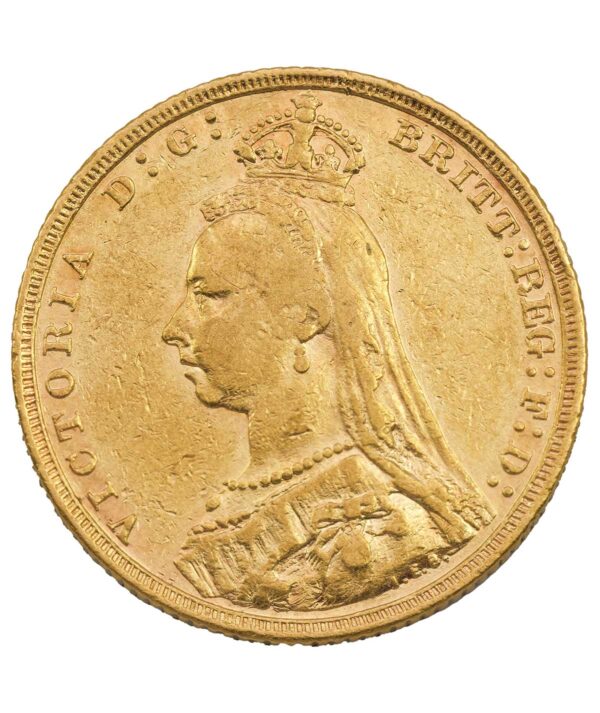 Perspectiva frontal de la cara de la moneda de oro Soberano Jubileo de la Reina Victoria de 1889