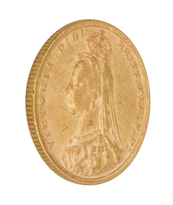 Perspectiva lateral de la cara de la moneda de oro Soberano Jubileo de la Reina Victoria de 1889