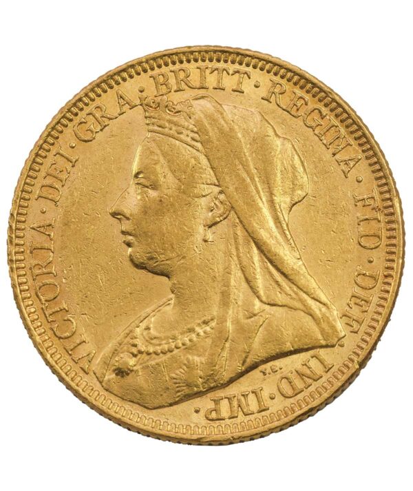 Perspectiva frontal de la cara de la moneda de oro Soberano Victoria Anciana de 1899