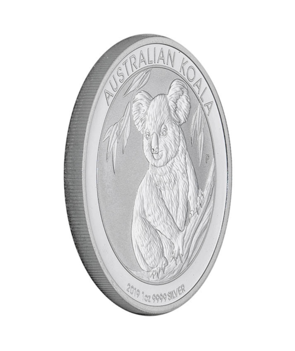 Perpectiva lateral de la cruz de la moneda de plata Koala de 2019 de 1 onza