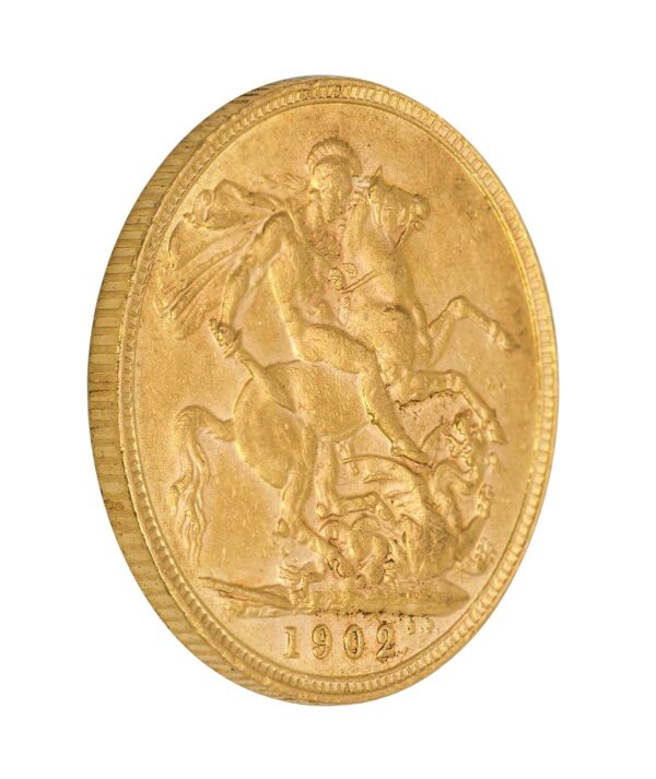 Perspectiva semilateral de la cruz de la moneda de oro Soberano del rey Eduardo VII de 1902