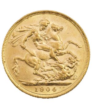 Perspetiva frontal de la cruz de la moneda de oro Soberano de Eduardo VII de 1904, acuñada por The Royal Mint