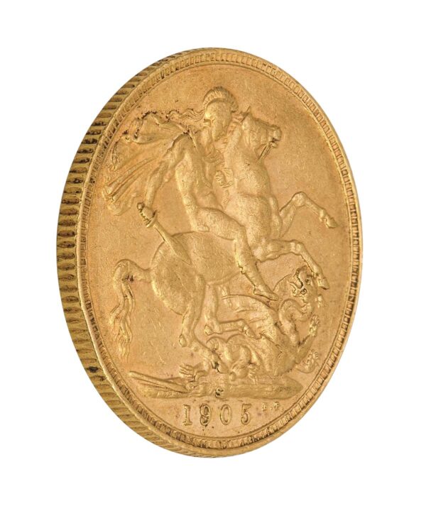 Perspetiva lateral de la cruz de la moneda de oro Soberano de Eduardo VII de 1905, acuñada por The Royal Mint