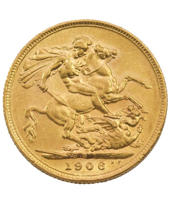 Perspetiva frontal de la cruz de la moneda de oro Soberano de Eduardo VII de 1906, acuñada por The Royal Mint