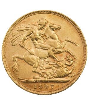 moneda-oro-soberano-eduardo-vii-1907 Perspetiva frontal de la cruz de la moneda de oro Soberano de Eduardo VII de 1907, acuñada por The Royal Mint