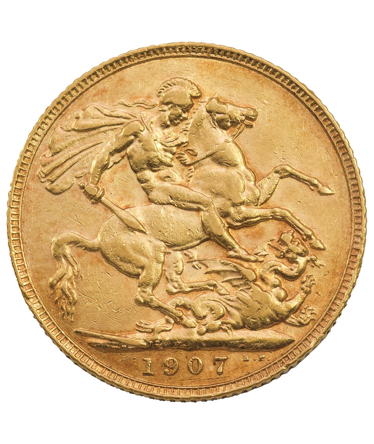Perspetiva frontal de la cruz de la moneda de oro Soberano de Eduardo VII de 1907, acuñada por The Royal Mint