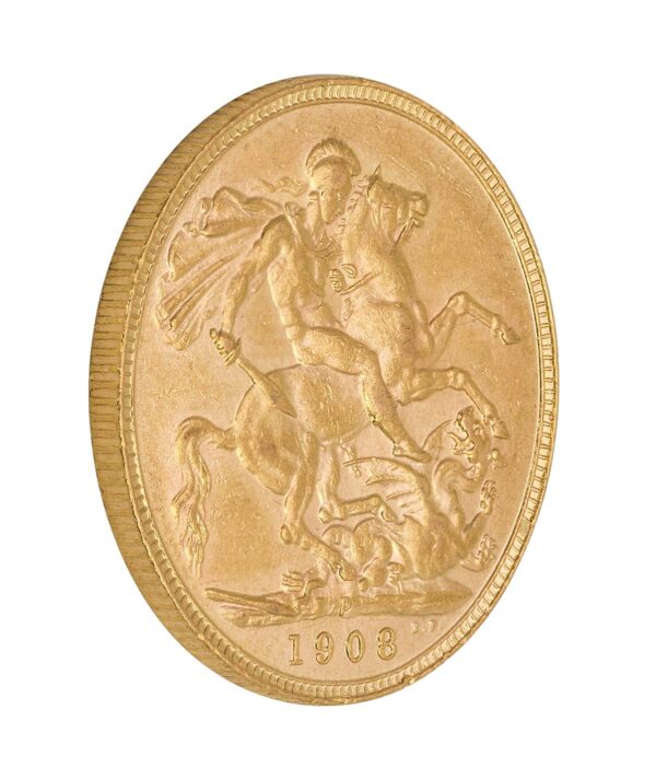 Perspetiva lateral de la cruz de la moneda de oro Soberano de Eduardo VII de 1907, acuñada por The Royal Mint