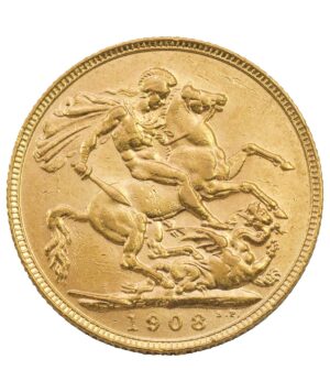 Perspetiva frontal de la cruz de la moneda de oro Soberano de Eduardo VII de 1908, acuñada por The Royal Mint