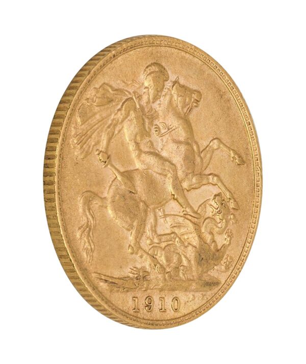 Perspetiva lateral de la cruz de la moneda de oro Soberano de Eduardo VII de 1910, acuñada por The Royal Mint