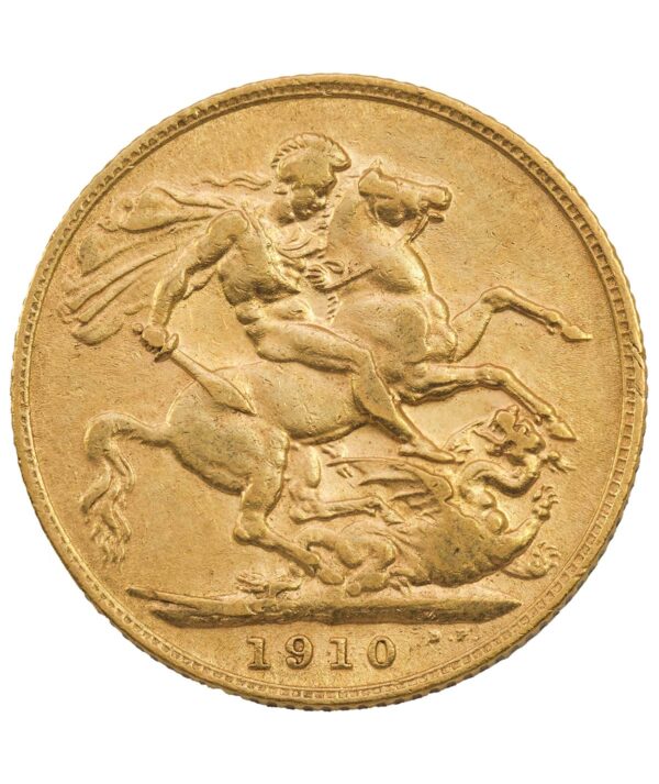 Perspetiva frontal de la cruz de la moneda de oro Soberano de Eduardo VII de 1910, acuñada por The Royal Mint