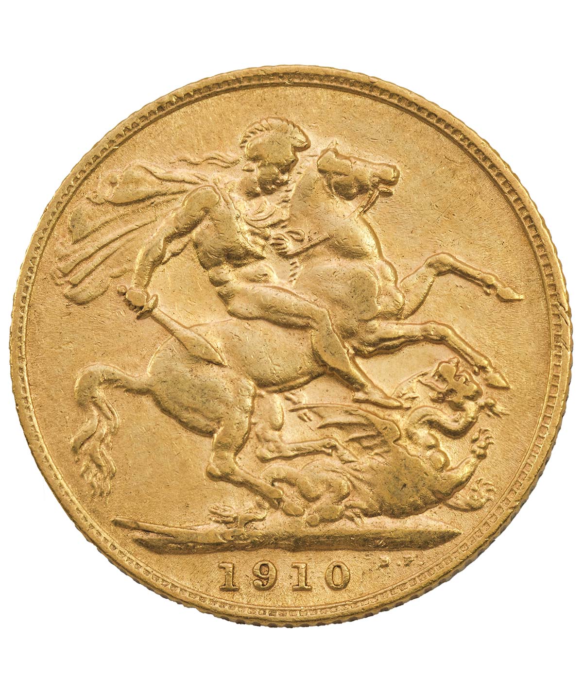 Perspetiva frontal de la cruz de la moneda de oro Soberano de Eduardo VII de 1910, acuñada por The Royal Mint