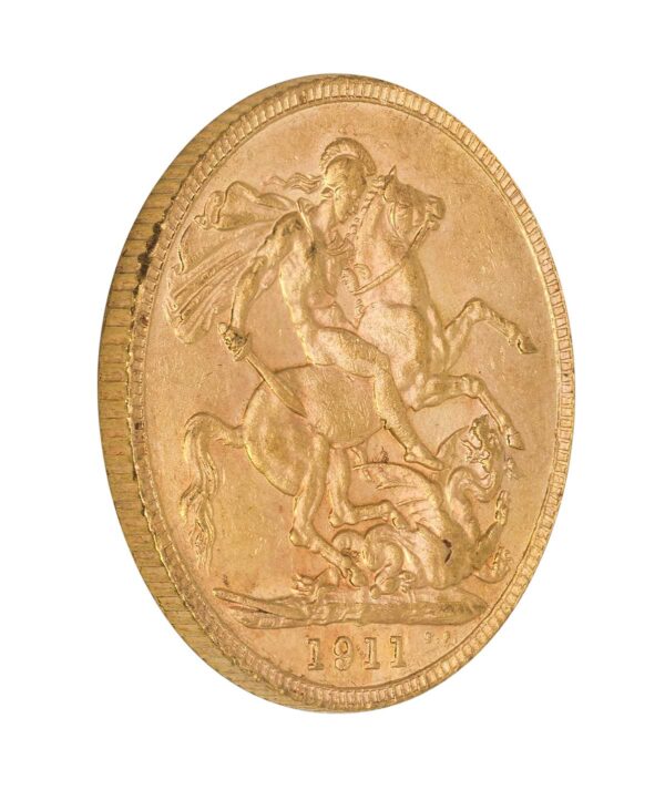 Perspectiva lateral de la cruz de la moneda de oro soberano de Jorge V de 1911