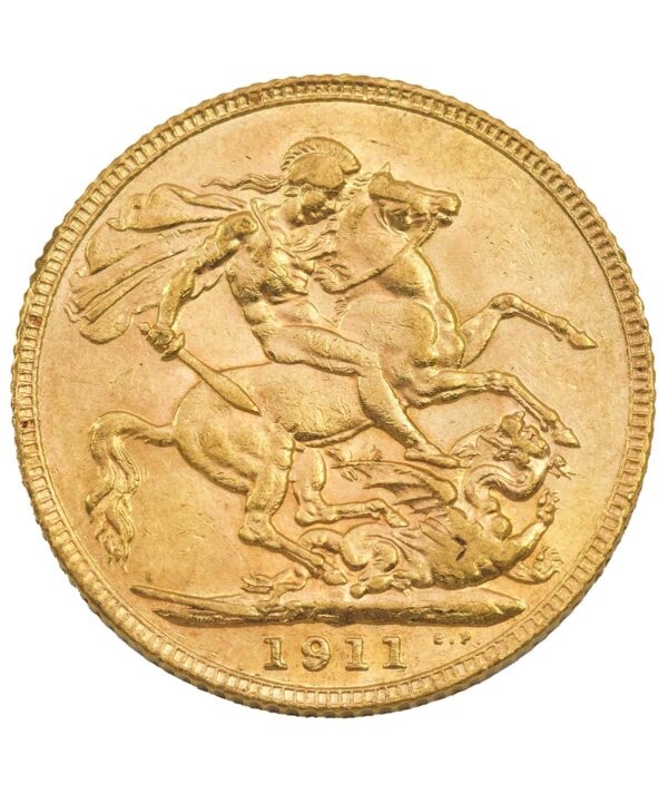 Perspectiva frontal de la cruz de la moneda de oro soberano de Jorge V de 1911