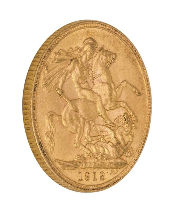 Perspectiva lateral de la cruz de la moneda de oro soberano de Jorge V de 1912