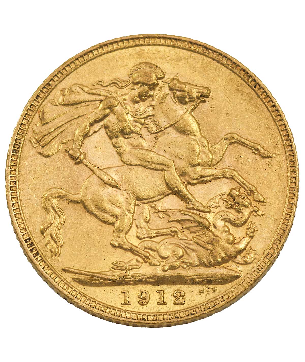 Perspectiva frontal de la cruz de la moneda de oro soberano de Jorge V de 1912