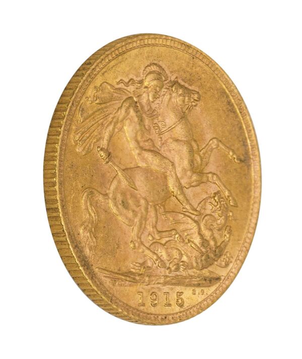 Perspectiva lateral de la cruz de la moneda de oro soberano de Jorge V de 1915