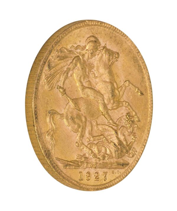 Perspectiva lateral de la cruz de la moneda de oro soberano de Jorge V de 1927