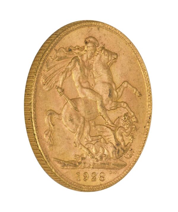 Vista lateral de la cruz de la moneda de oro Soberano de Jorge V de 1928