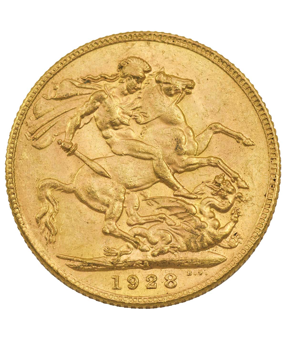 Vista frontal de la cruz de la moneda de oro Soberano de Jorge V de 1928