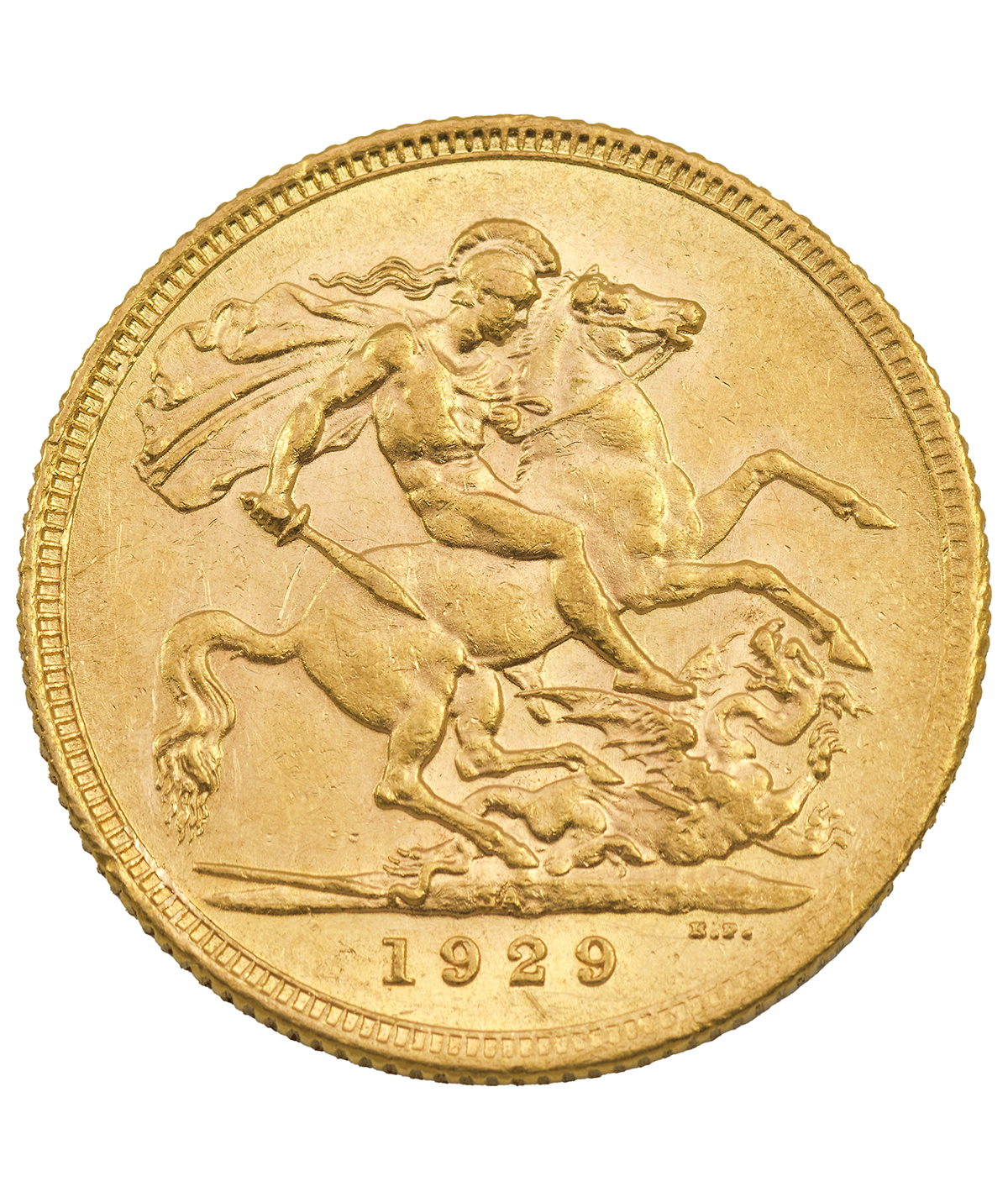 Perspectiva frontal de la cruz de la moneda de oro soberano de Jorge V de 1929