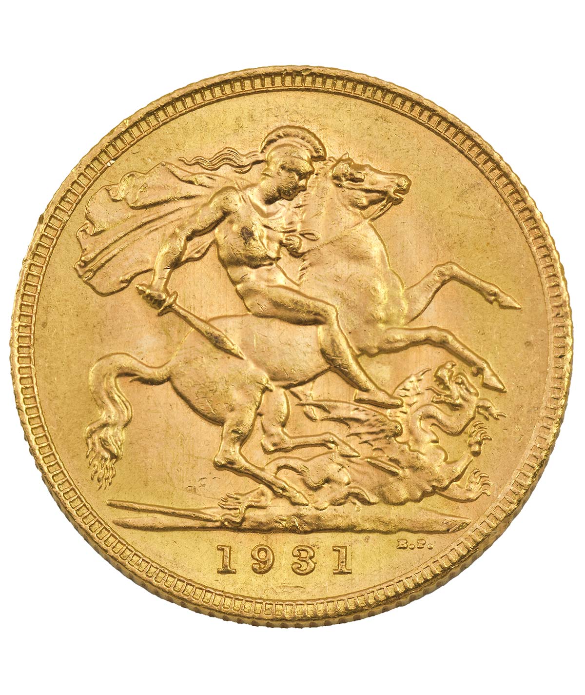Perspetiva frontal de la cruz de la moneda de oro Soberano de Jorge V de 1931, acuñada por The Royal Mint