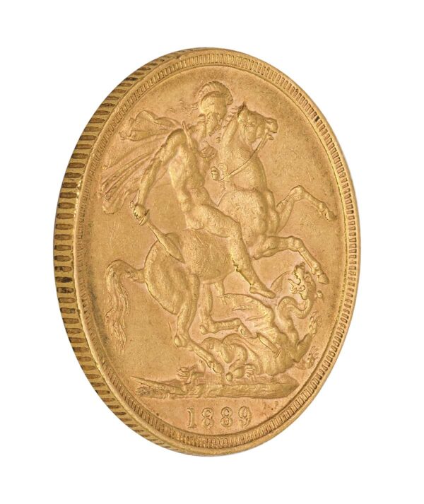 Perspectiva lateral de la cruz de la moneda de oro Soberano Jubileo de la Reina Victoria de 1889