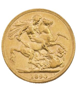 Perspectiva frontal de la cruz de la moneda de oro Soberano Jubileo de la Reina Victoria de 1890