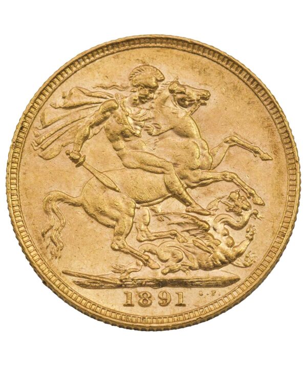 Perspectiva frontal de la cruz de la moneda de oro Soberano Jubileo de la Reina Victoria de 1891