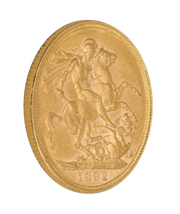 Perspectiva lateral de la cruz de la moneda de oro Soberano Jubileo de la Reina Victoria de 1892