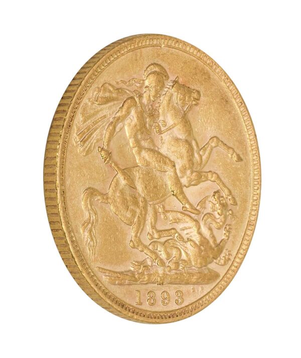 Perspectiva lateral de la cruz de la moneda de oro Soberano Jubileo de la Reina Victoria de 1893