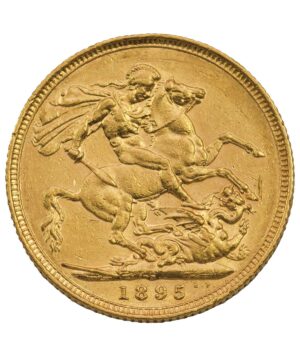 Perspectiva frontal de la cruz de la moneda de oro Soberano Victoria Anciana de 1895