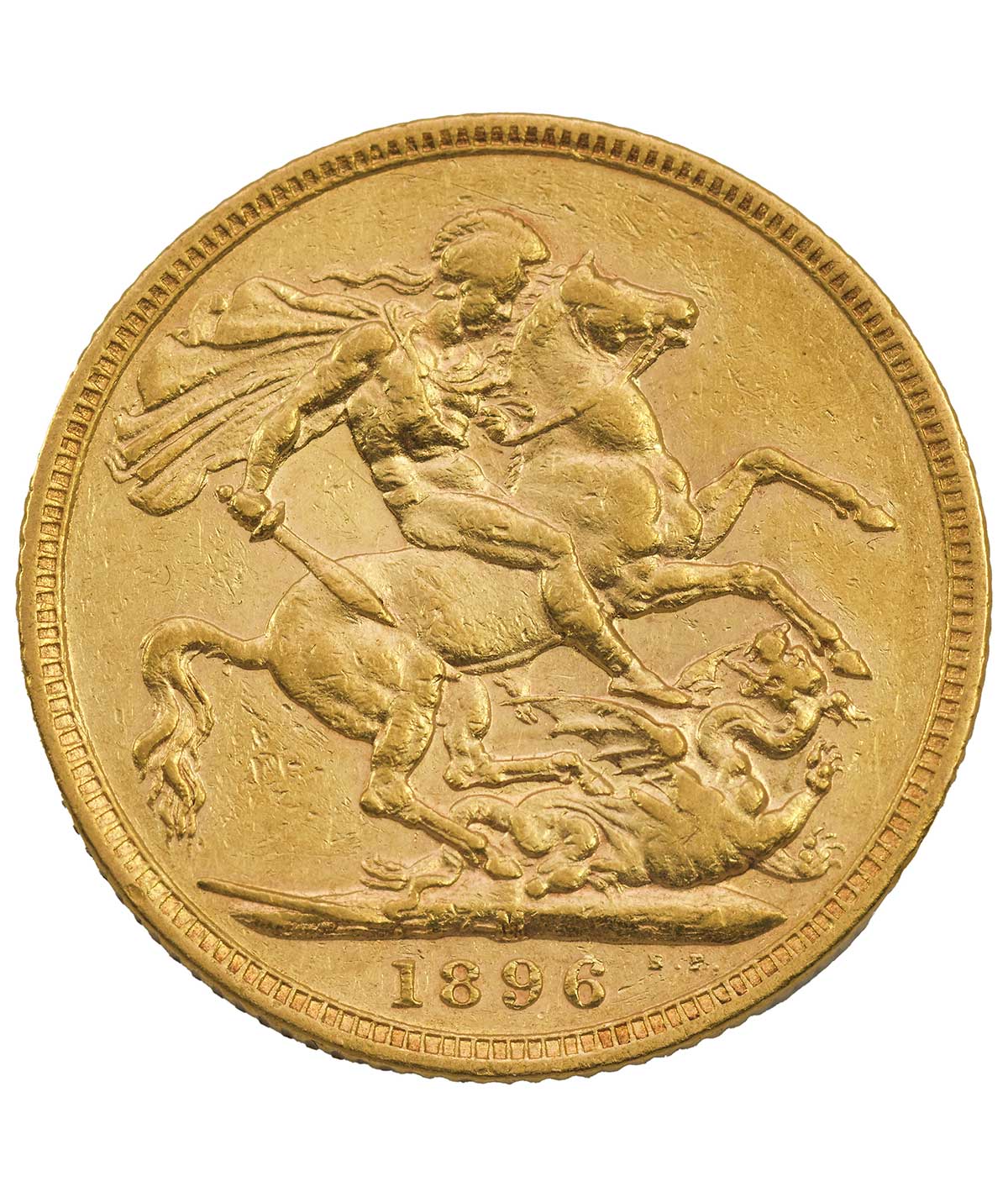 Perspectiva frontal de la cruz de la moneda de oro Soberano Victoria Anciana de 1896