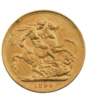 Perspectiva frontal de la cruz de la moneda de oro Soberano Victoria Anciana de 1899