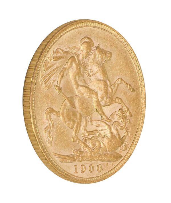 Perspectiva lateral de la cara de la moneda de oro Soberano Victoria Anciana de 1900